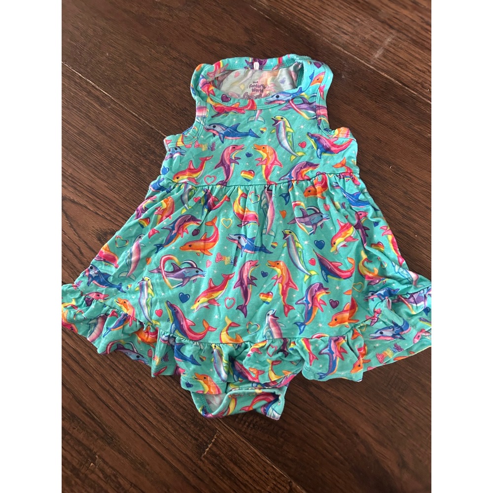 Lisa Frank Posh Peanut Teal Rainbow Dolphin Bubble Romper 6-12 Months Bamboo
